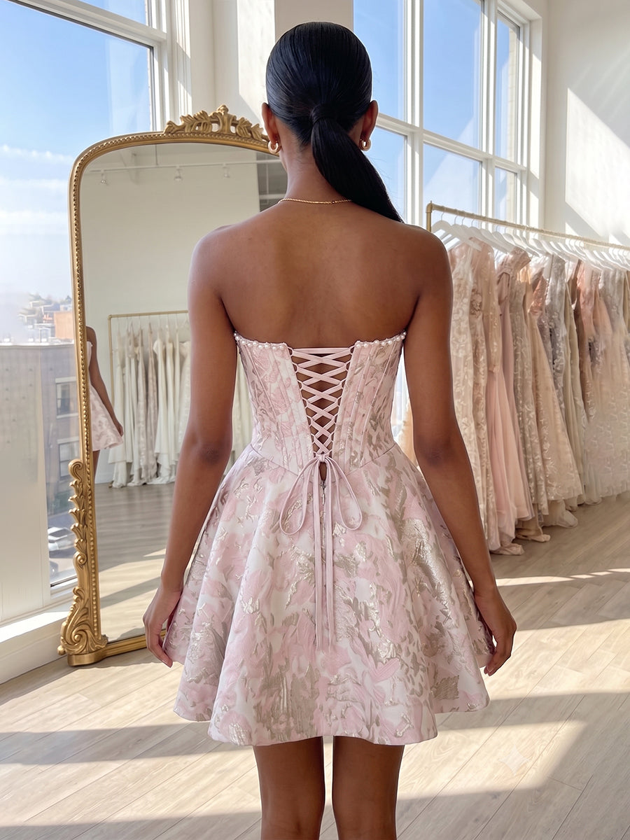 Jacquard A-Line/Princess Strapless Short Homecoming Dresses with Bow & Pearls (SHI22370324)