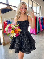 A-Line/Princess Mini Sparkly Sequin Tiered Homecoming Dresses with Spaghetti Straps (SHI22370561)