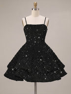 A-Line/Princess Mini Sparkly Sequin Tiered Homecoming Dresses with Spaghetti Straps (SHI22370561)