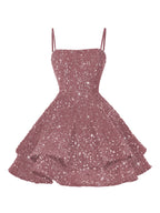 A-Line/Princess Mini Sparkly Sequin Tiered Homecoming Dresses with Spaghetti Straps (SHI22370561)