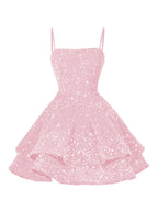 A-Line/Princess Mini Sparkly Sequin Tiered Homecoming Dresses with Spaghetti Straps (SHI22370561)
