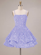A-Line/Princess Mini Sparkly Sequin Tiered Homecoming Dresses with Spaghetti Straps (SHI22370561)