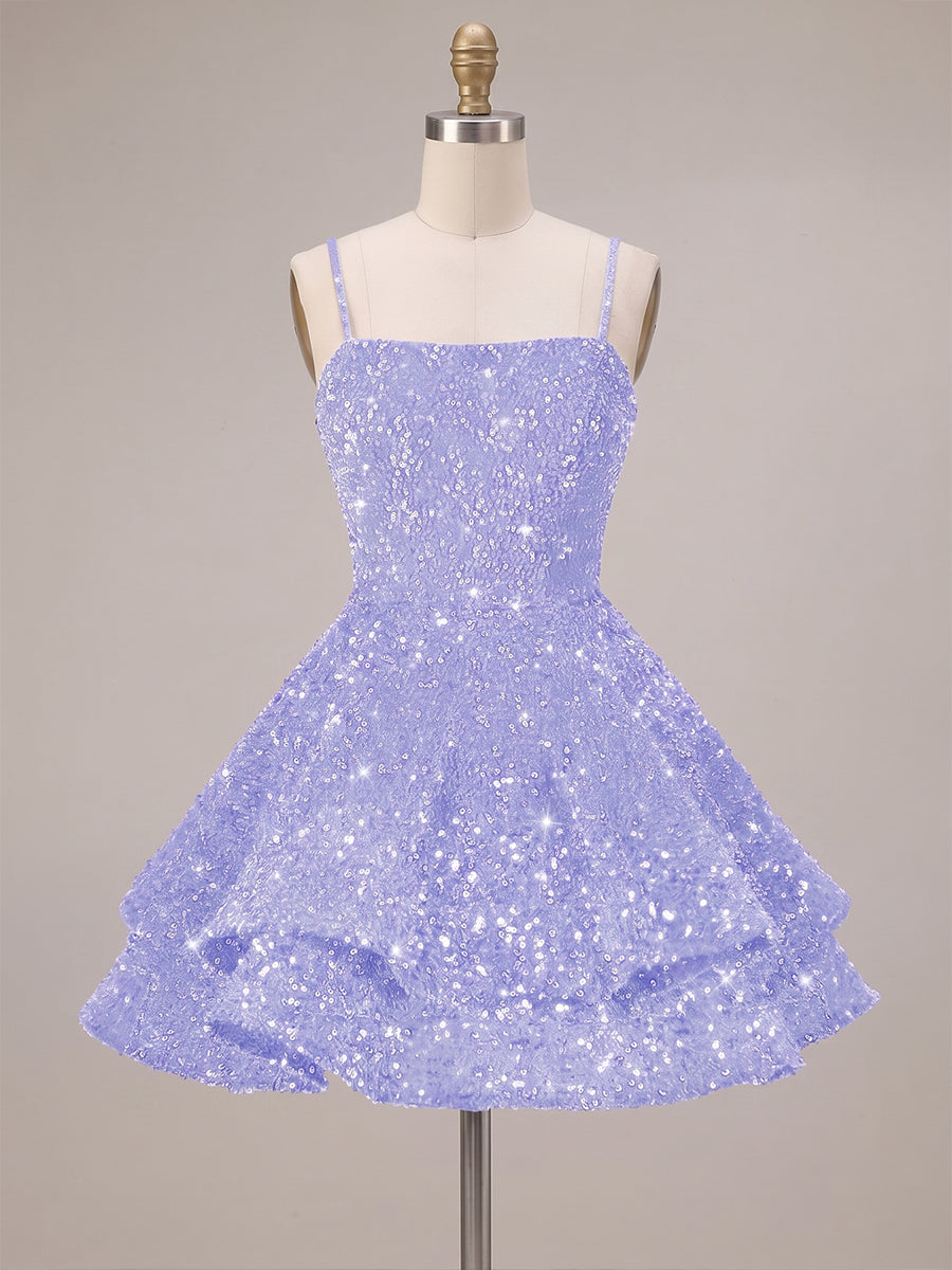 A-Line/Princess Mini Sparkly Sequin Tiered Homecoming Dresses with Spaghetti Straps (SHI22370561)