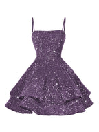 A-Line/Princess Mini Sparkly Sequin Tiered Homecoming Dresses with Spaghetti Straps (SHI22370561)