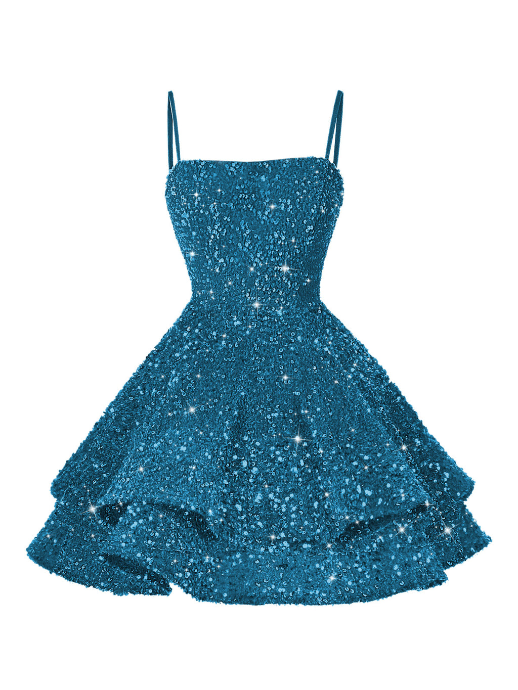 A-Line/Princess Mini Sparkly Sequin Tiered Homecoming Dresses with Spaghetti Straps (SHI22370561)