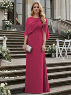 Sheath/Column Scoop Neck Floor-Length Mother of the Bride Dresses with Asymmetical Cape (SHI22500011)
