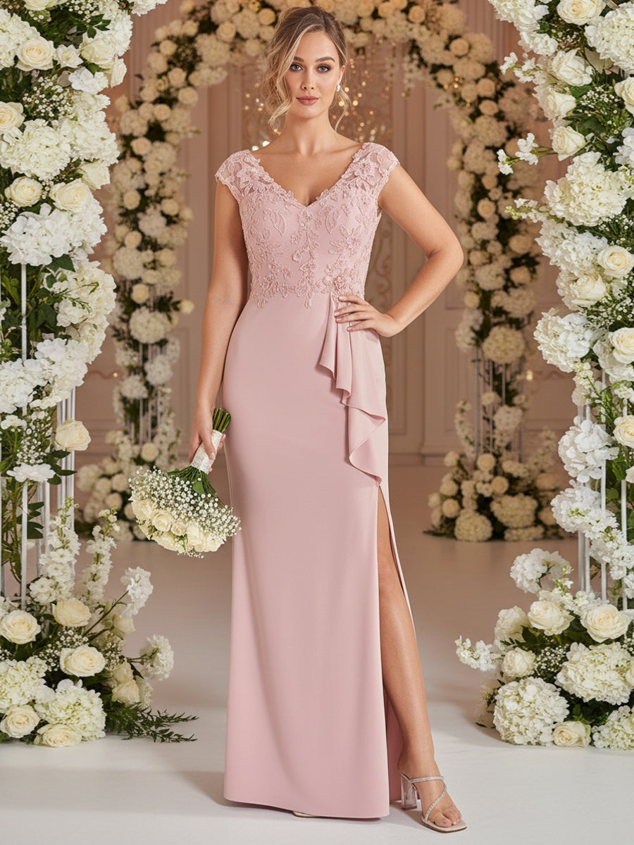 Sleeveless V-Neck Ruched Jacquard Satin Mother of the Bride Dresses (SHI22500512)