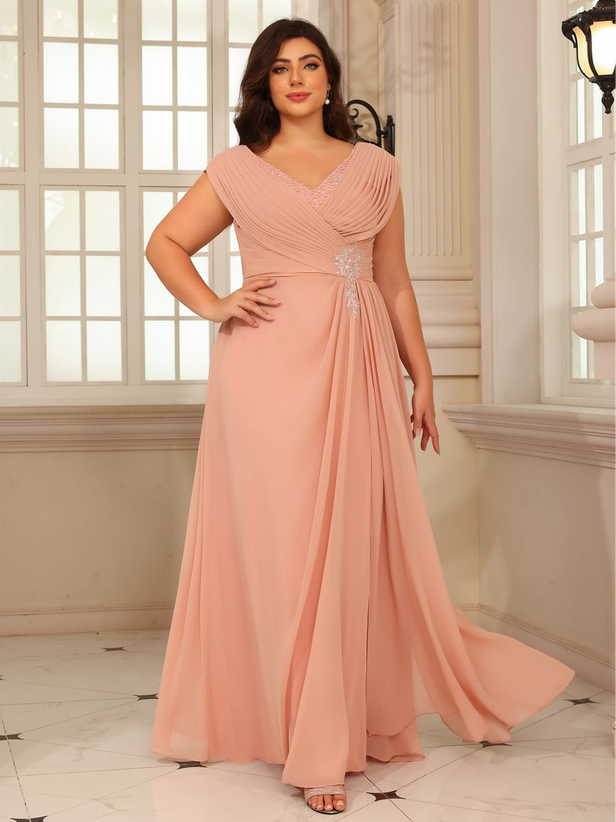 A-Line Chiffon Cape Sleeves Floor-Length Mother of the Bride & Groom Dresses with Ruched Waist (SHI22500705)