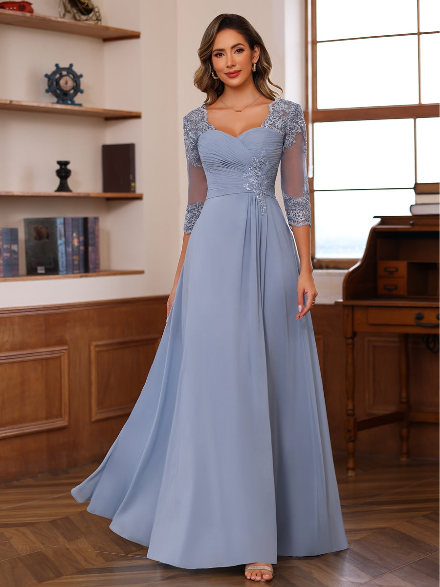 Satin A Line 3/4 Sleeve Floor Length Mother of the Bride Dresses with Flower (SHI22500168)