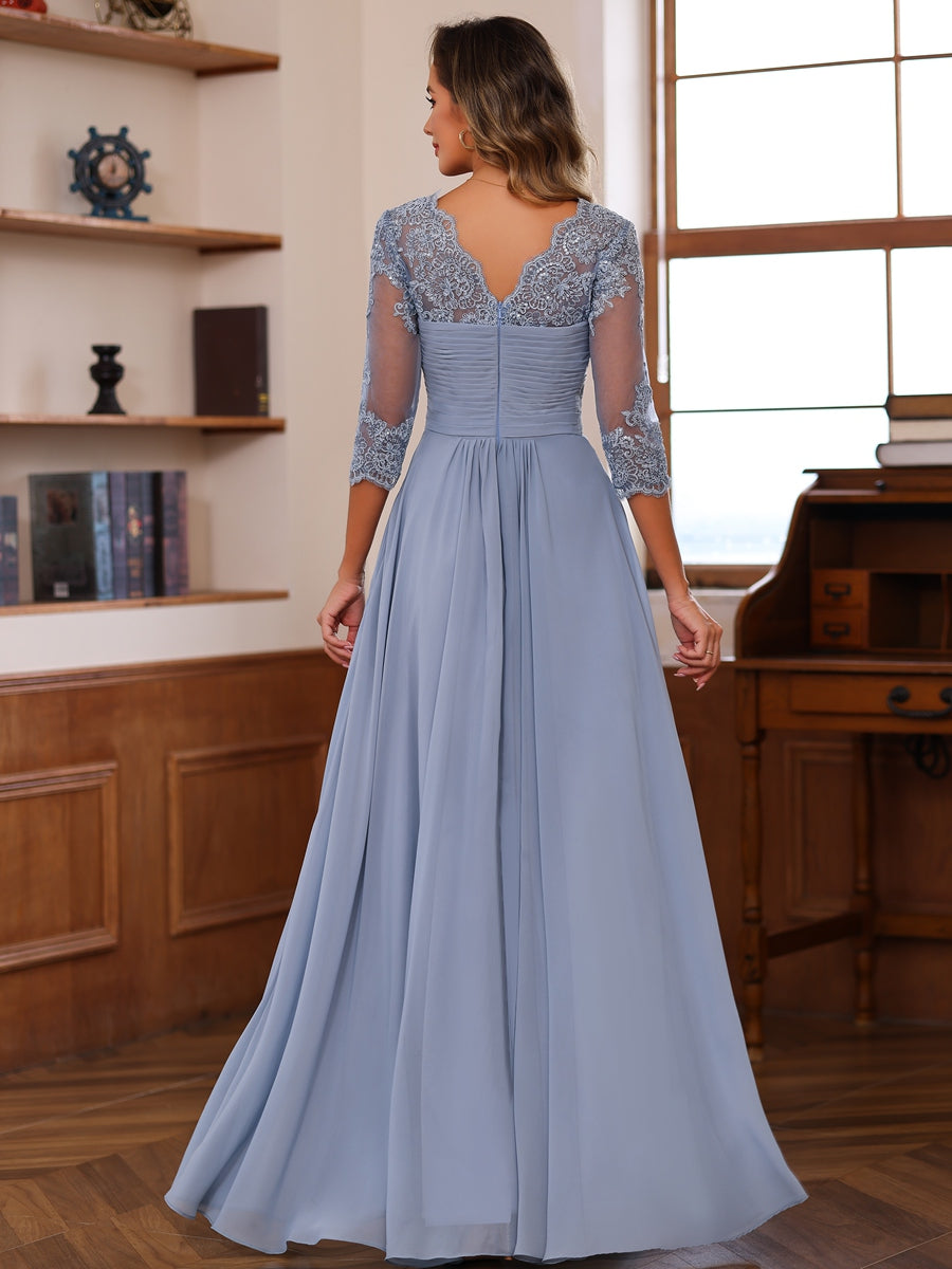 Satin A Line 3/4 Sleeve Floor Length Mother of the Bride Dresses with Flower (SHI22500168)