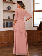 A-Line Floor-Length Chiffon Cape Sleeves Mother of the Bride & Groom Dresses with Tiered Ruffles (SHI22500723)