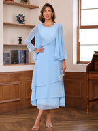 A-Line/Princess Pleated Two-Piece Tea-Length Mother of the Bride Dresses with Cascading Ruffles (SHI22500054)