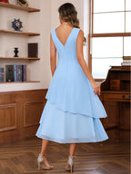 A-Line/Princess Pleated Two-Piece Tea-Length Mother of the Bride Dresses with Cascading Ruffles (SHI22500054)