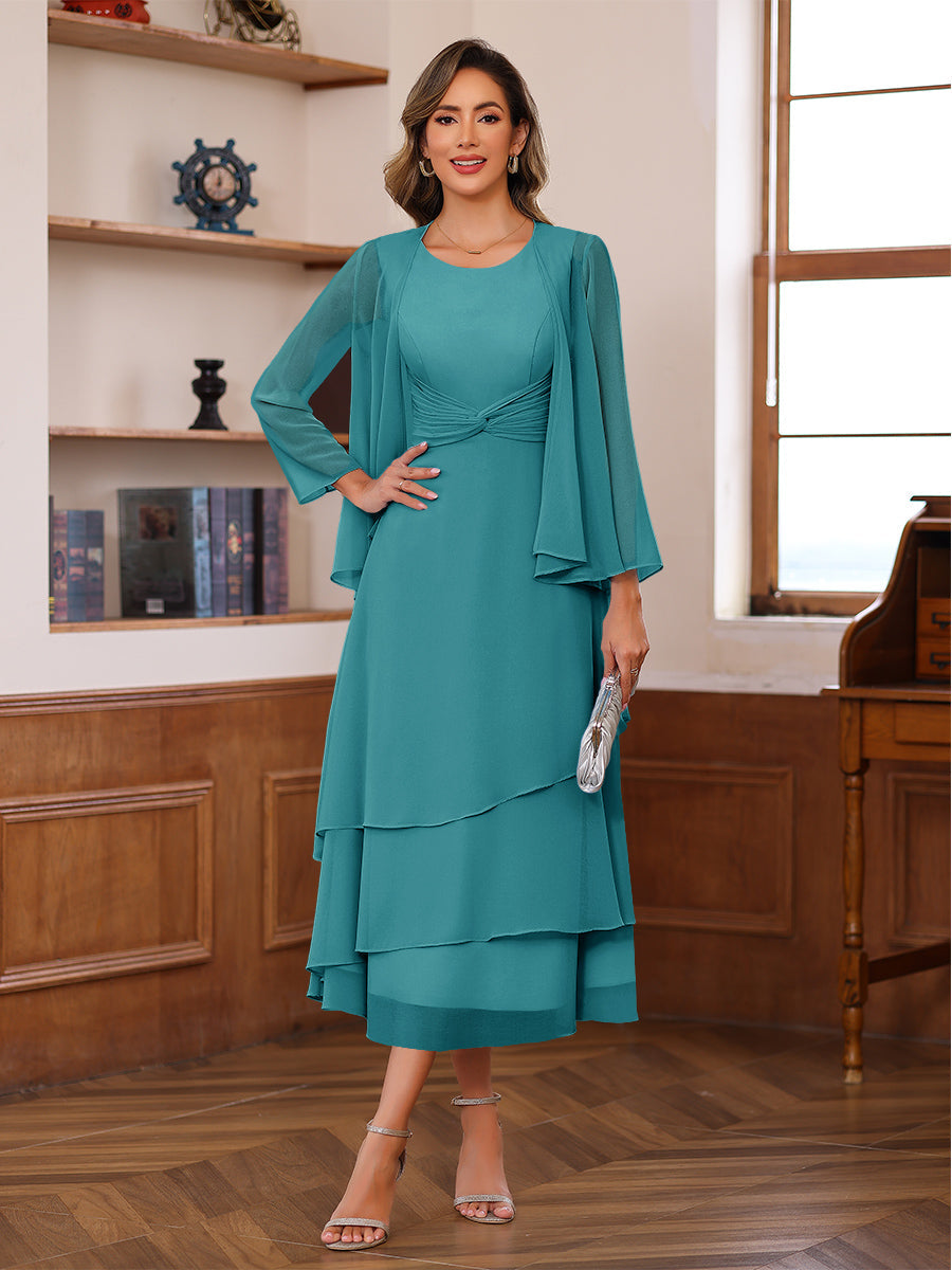 A-Line/Princess Pleated Two-Piece Tea-Length Mother of the Bride Dresses with Cascading Ruffles (SHI22500054)
