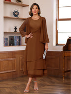 A-Line/Princess Pleated Two-Piece Tea-Length Mother of the Bride Dresses with Cascading Ruffles (SHI22500054)