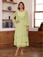 A-Line/Princess Pleated Two-Piece Tea-Length Mother of the Bride Dresses with Cascading Ruffles (SHI22500054)