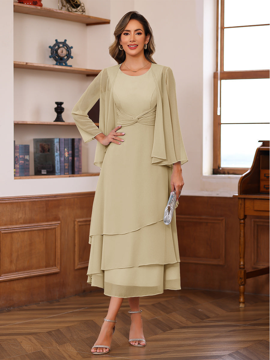 A-Line/Princess Pleated Two-Piece Tea-Length Mother of the Bride Dresses with Cascading Ruffles (SHI22500054)