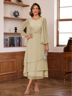 A-Line/Princess Pleated Two-Piece Tea-Length Mother of the Bride Dresses with Cascading Ruffles (SHI22500054)