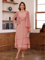 A-Line/Princess Pleated Two-Piece Tea-Length Mother of the Bride Dresses with Cascading Ruffles (SHI22500054)