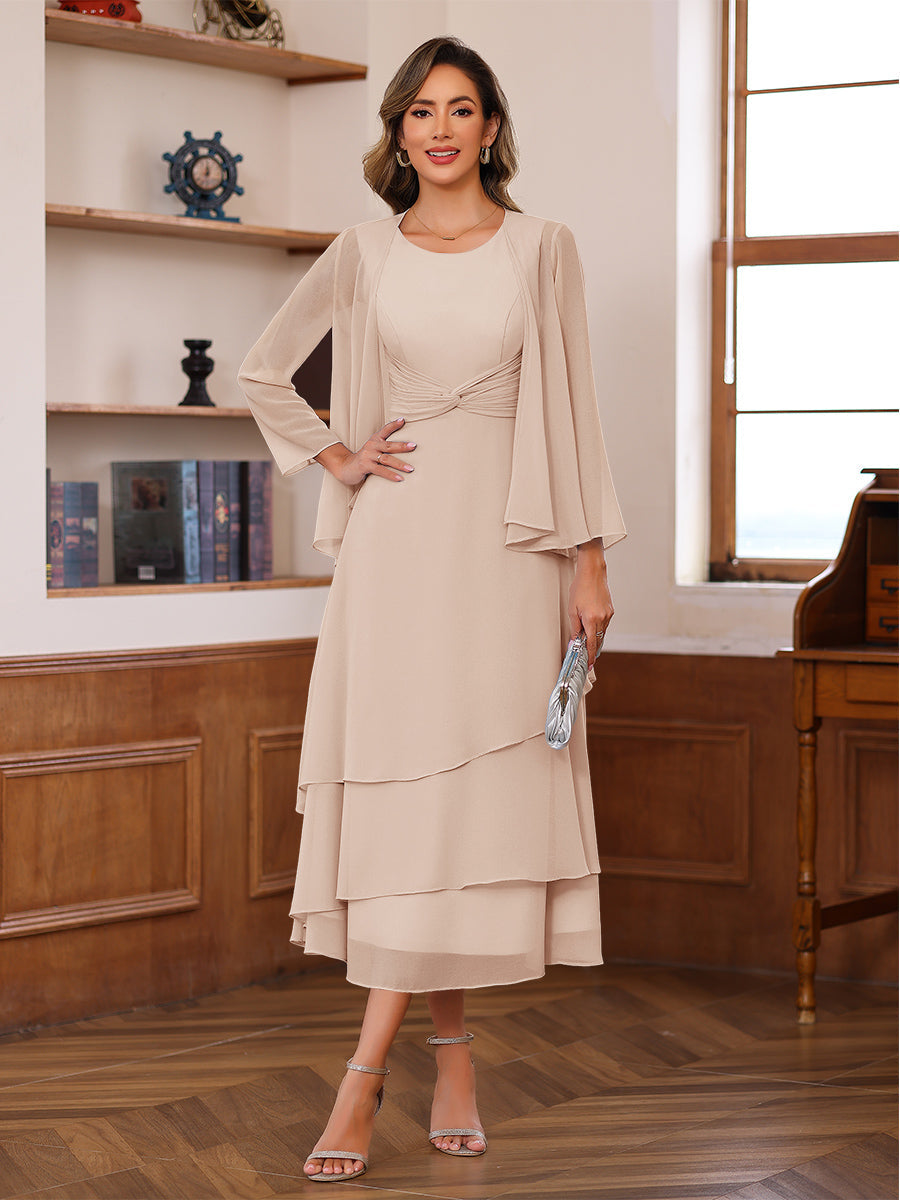 A-Line/Princess Pleated Two-Piece Tea-Length Mother of the Bride Dresses with Cascading Ruffles (SHI22500054)