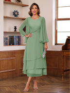 A-Line/Princess Pleated Two-Piece Tea-Length Mother of the Bride Dresses with Cascading Ruffles (SHI22500054)