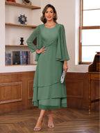 A-Line/Princess Pleated Two-Piece Tea-Length Mother of the Bride Dresses with Cascading Ruffles (SHI22500054)