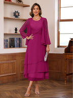 A-Line/Princess Pleated Two-Piece Tea-Length Mother of the Bride Dresses with Cascading Ruffles (SHI22500054)