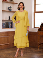 A-Line/Princess Pleated Two-Piece Tea-Length Mother of the Bride Dresses with Cascading Ruffles (SHI22500054)