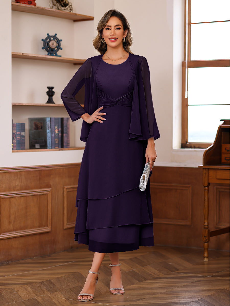 A-Line/Princess Pleated Two-Piece Tea-Length Mother of the Bride Dresses with Cascading Ruffles (SHI22500054)