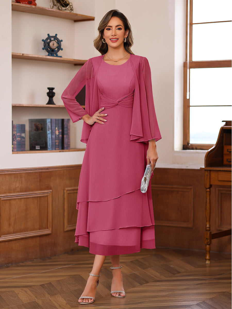 A-Line/Princess Pleated Two-Piece Tea-Length Mother of the Bride Dresses with Cascading Ruffles (SHI22500054)
