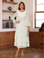 A-Line/Princess Pleated Two-Piece Tea-Length Mother of the Bride Dresses with Cascading Ruffles (SHI22500054)