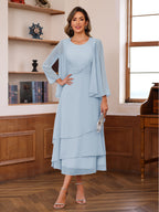 A-Line/Princess Pleated Two-Piece Tea-Length Mother of the Bride Dresses with Cascading Ruffles (SHI22500054)