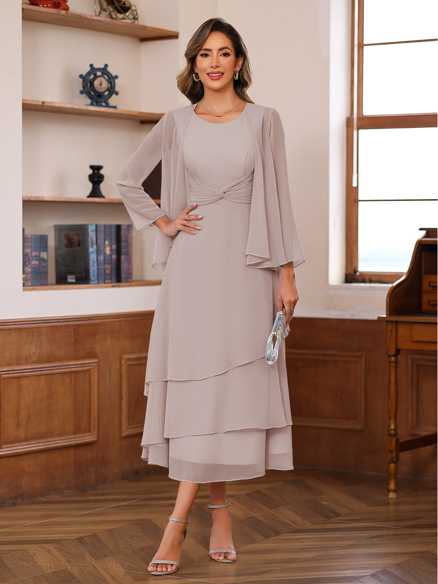 A-Line/Princess Pleated Two-Piece Tea-Length Mother of the Bride Dresses with Cascading Ruffles (SHI22500054)