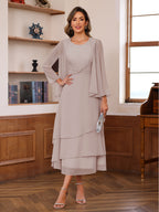 A-Line/Princess Pleated Two-Piece Tea-Length Mother of the Bride Dresses with Cascading Ruffles (SHI22500054)