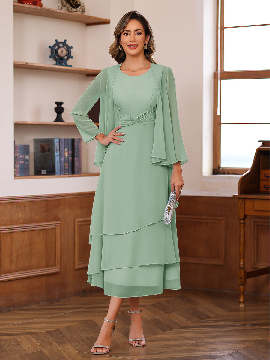 A-Line/Princess Pleated Two-Piece Tea-Length Mother of the Bride Dresses with Cascading Ruffles (SHI22500054)