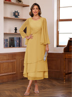 A-Line/Princess Pleated Two-Piece Tea-Length Mother of the Bride Dresses with Cascading Ruffles (SHI22500054)