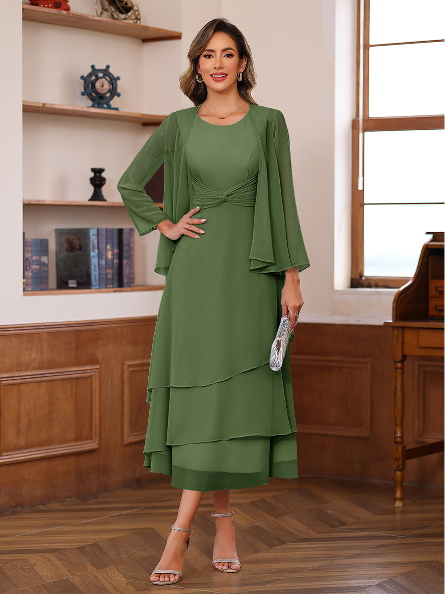 A-Line/Princess Pleated Two-Piece Tea-Length Mother of the Bride Dresses with Cascading Ruffles (SHI22500054)