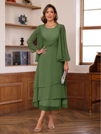 A-Line/Princess Pleated Two-Piece Tea-Length Mother of the Bride Dresses with Cascading Ruffles (SHI22500054)