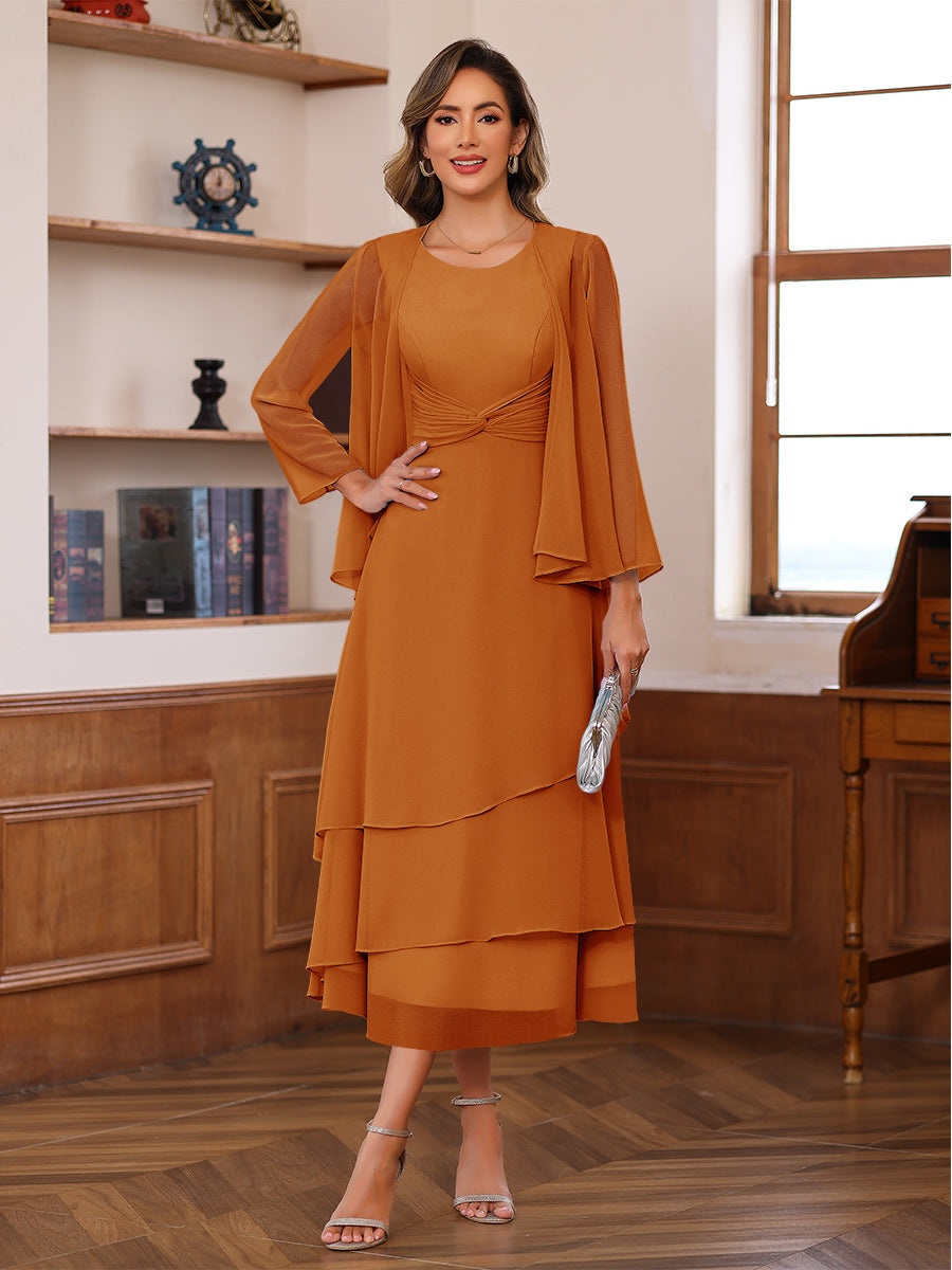 A-Line/Princess Pleated Two-Piece Tea-Length Mother of the Bride Dresses with Cascading Ruffles (SHI22500054)