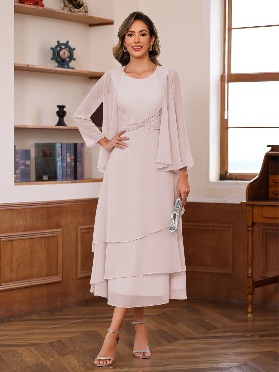 A-Line/Princess Pleated Two-Piece Tea-Length Mother of the Bride Dresses with Cascading Ruffles (SHI22500054)