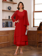 A-Line/Princess Pleated Two-Piece Tea-Length Mother of the Bride Dresses with Cascading Ruffles (SHI22500054)
