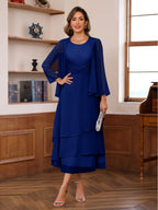 A-Line/Princess Pleated Two-Piece Tea-Length Mother of the Bride Dresses with Cascading Ruffles (SHI22500054)
