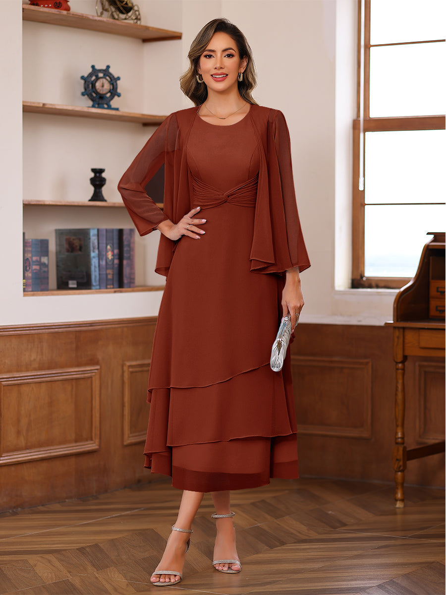 A-Line/Princess Pleated Two-Piece Tea-Length Mother of the Bride Dresses with Cascading Ruffles (SHI22500054)