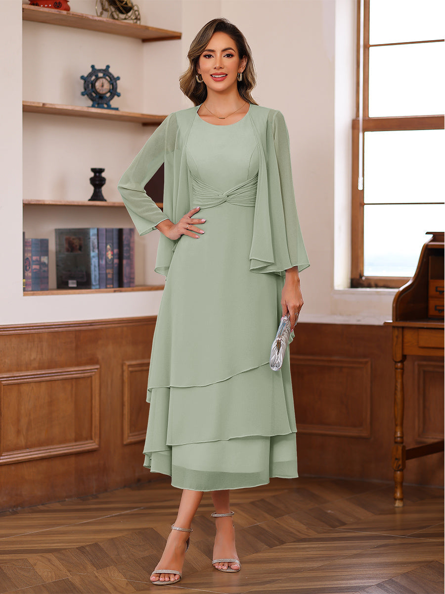 A-Line/Princess Pleated Two-Piece Tea-Length Mother of the Bride Dresses with Cascading Ruffles (SHI22500054)
