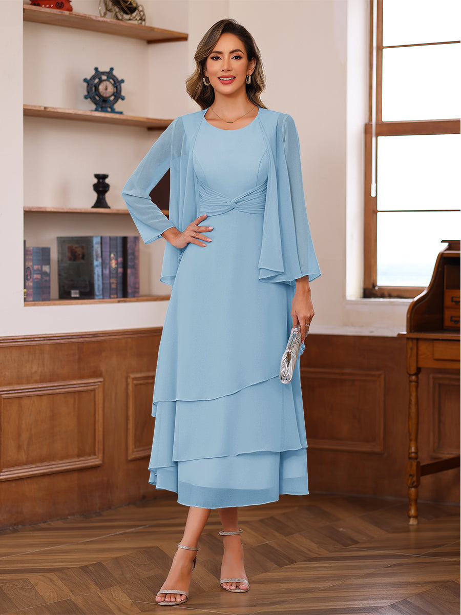 A-Line/Princess Pleated Two-Piece Tea-Length Mother of the Bride Dresses with Cascading Ruffles (SHI22500054)