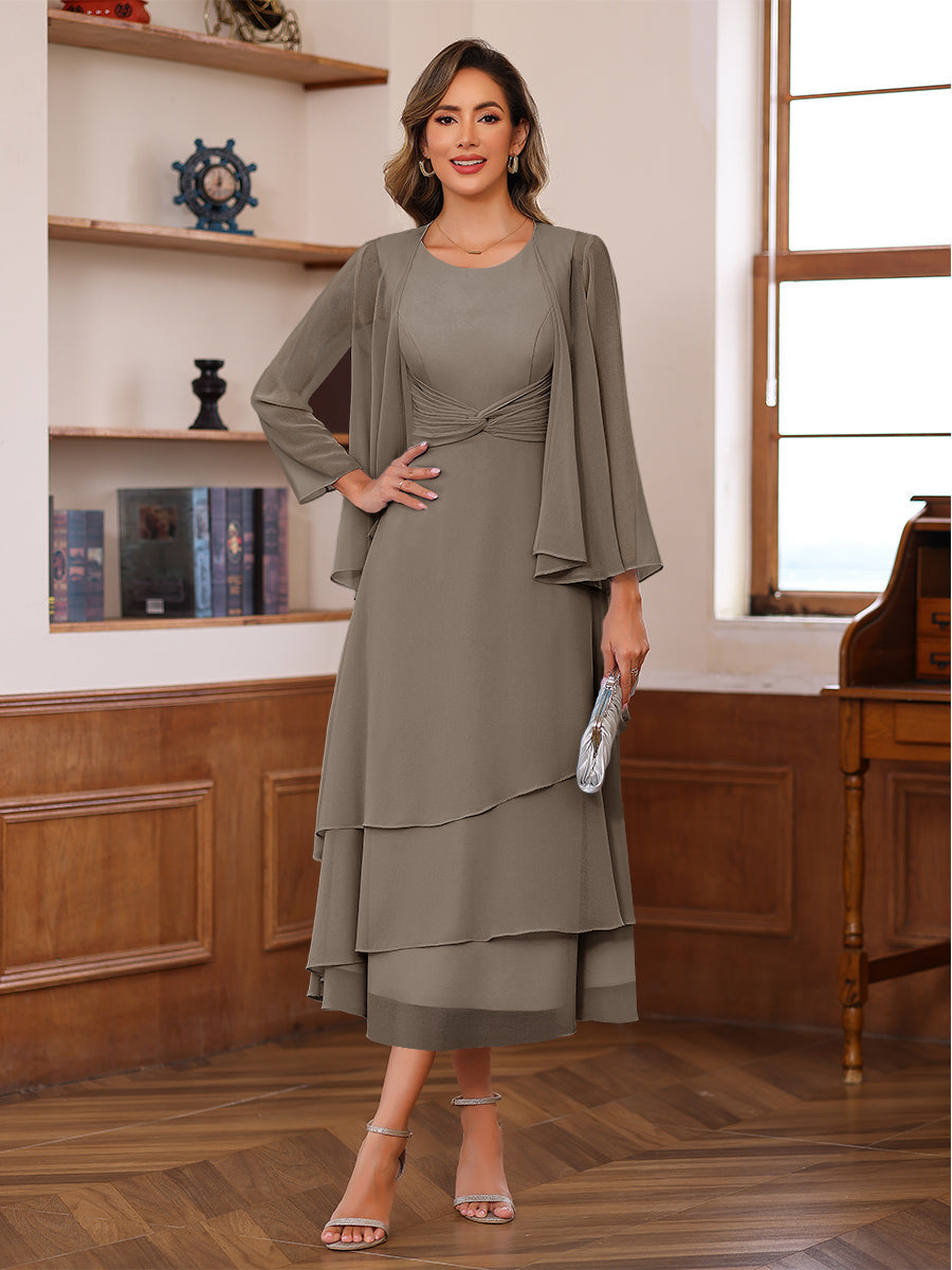 A-Line/Princess Pleated Two-Piece Tea-Length Mother of the Bride Dresses with Cascading Ruffles (SHI22500054)