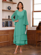 A-Line/Princess Pleated Two-Piece Tea-Length Mother of the Bride Dresses with Cascading Ruffles (SHI22500054)