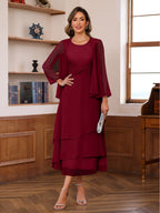A-Line/Princess Pleated Two-Piece Tea-Length Mother of the Bride Dresses with Cascading Ruffles (SHI22500054)