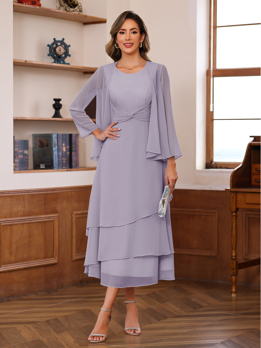 A-Line/Princess Pleated Two-Piece Tea-Length Mother of the Bride Dresses with Cascading Ruffles (SHI22500054)