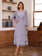 A-Line/Princess Pleated Two-Piece Tea-Length Mother of the Bride Dresses with Cascading Ruffles (SHI22500054)